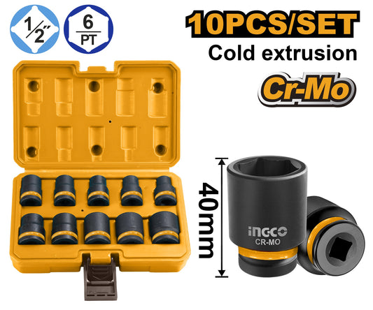 INGCO 10PCS 1/2in DR. CR-MO Standard Impact Socket Set 10-24MM HKISSD12101