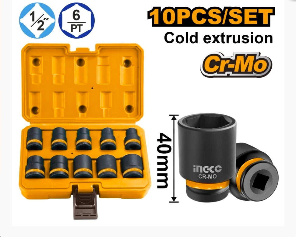 INGCO 10PCS 1/2in DR. CR-MO Standard Impact Socket Set 10-24MM HKISSD12101