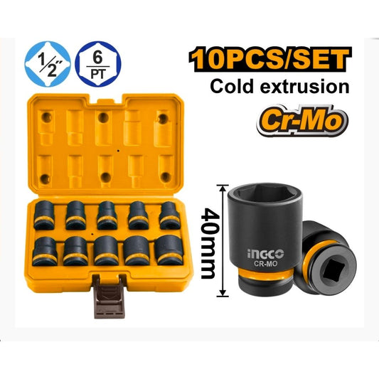 INGCO 10PCS 1/2in DR. CR-MO Standard Impact Socket Set 10-24MM HKISSD12101