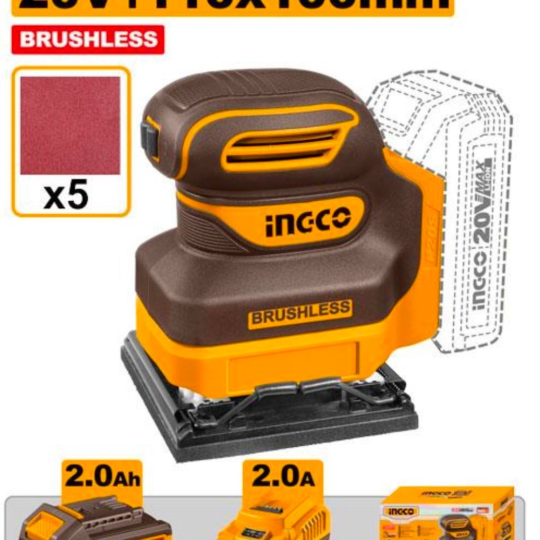 INGCO CSHSLI20241 20V Brushless Cordless Sheet Sander Set (2.0Ah Battery & Charger)