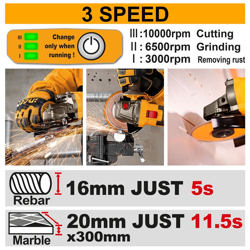 INGCO 42V BL 4in 1280W Angle Grinder 2x2.5Ah + Discs + Case CAG4728102