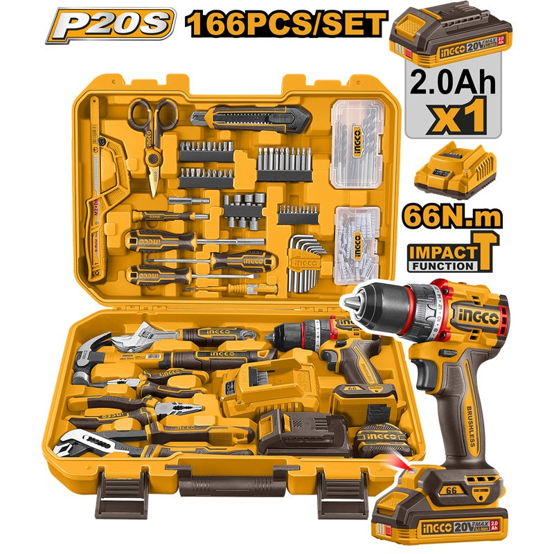 INGCO 20V IMPACT DRILL 66NM IN 166PCS TOOL KIT SET HKTHP41662