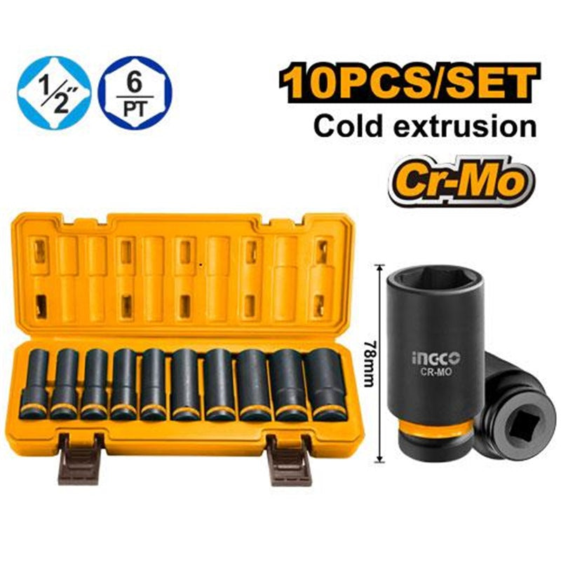 INGCO 10PCS 1/2" DR. CR-MO DEEP MPACT SOCKET SET 10-24MM HKISSD12102L