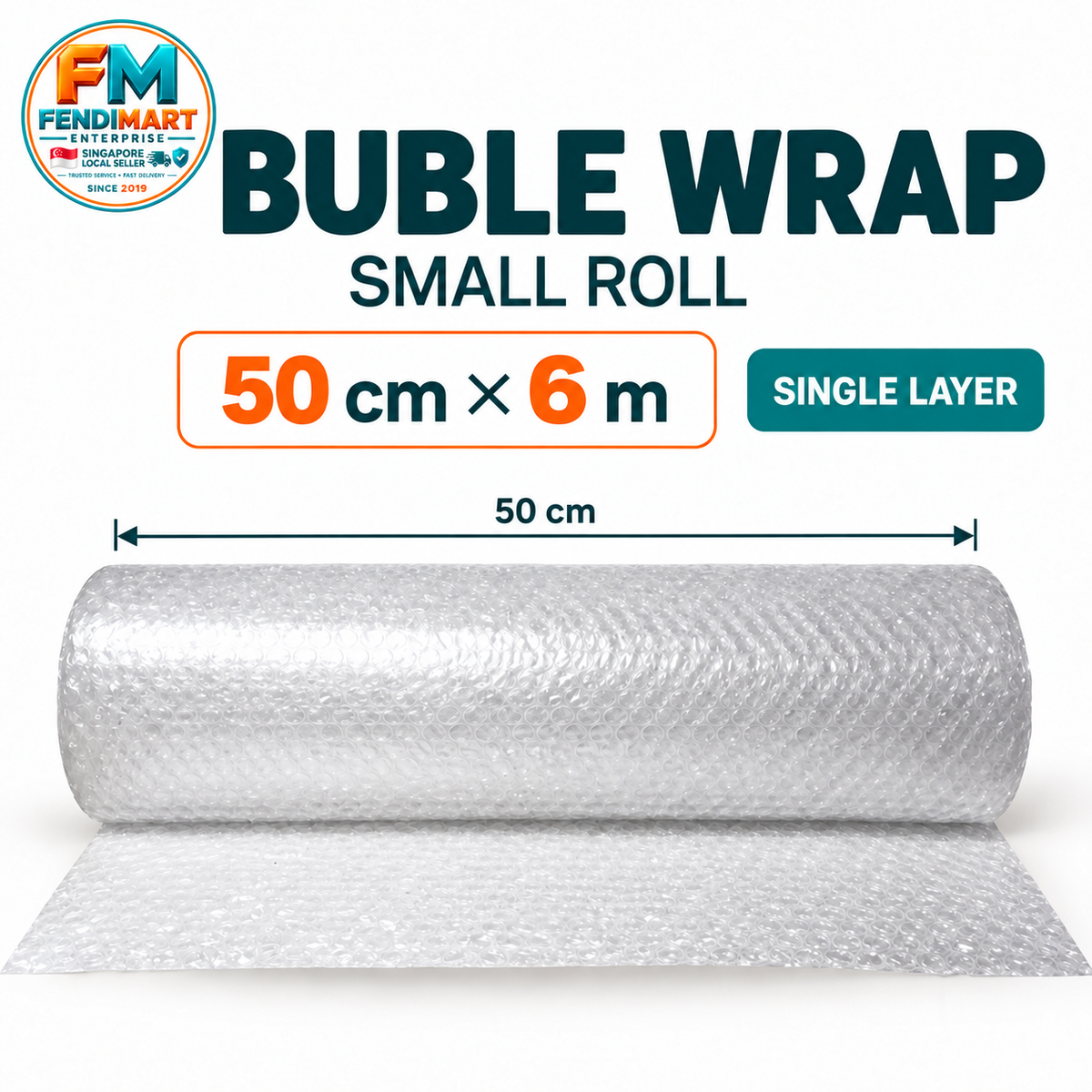 Bubble Wrap Roll 50cm × 6m – Single Layer Protective Packaging (1 Roll)