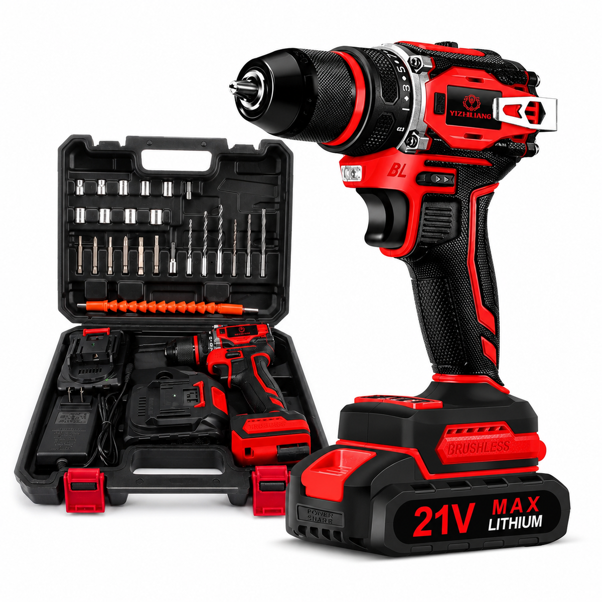 Fendimart 21V Brushless Cordless Drill 60-80Nm | 2x Battery + Charger + Case + Accessories