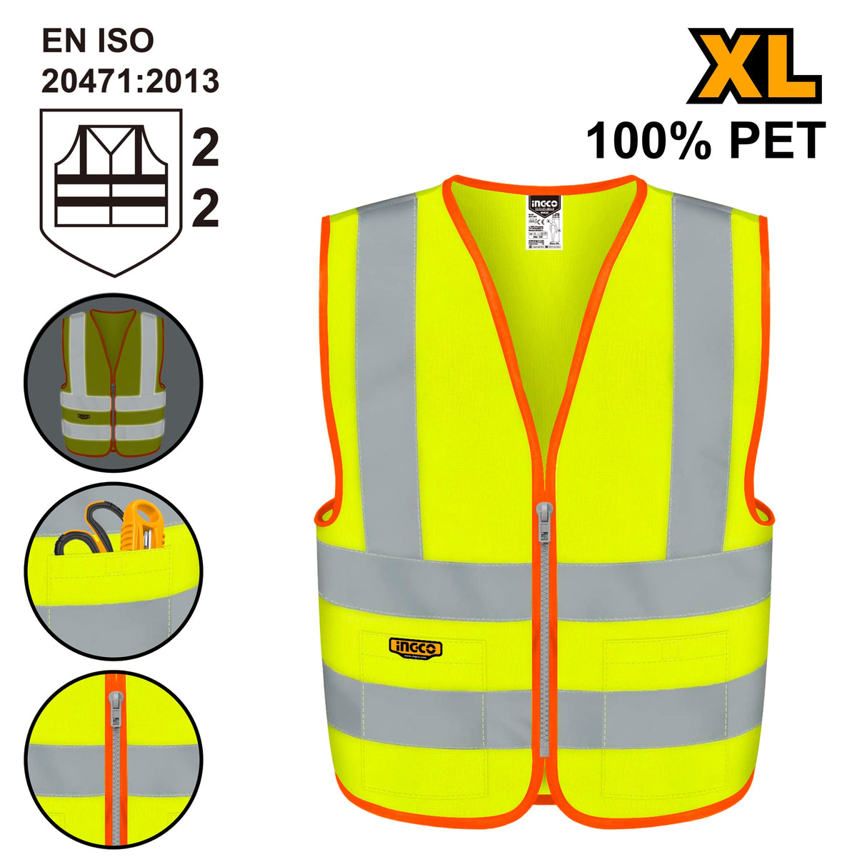 INGCO Reflective Vest 2 Pocket Fluorescent Yellow EN471 Class 2 XL RV83XL