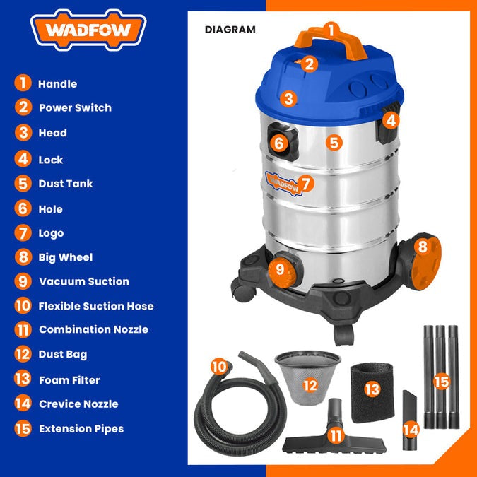 WADFOW Wet & Dry Vacuum Cleaner 1200W 25L Tank WVR4A25