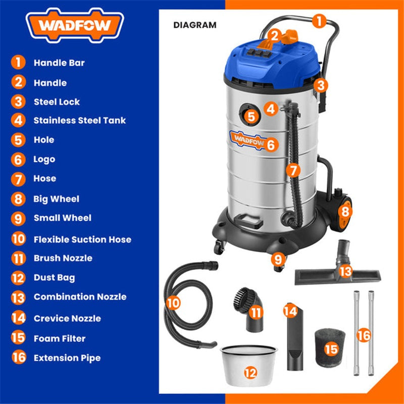 WADFOW Wet & Dry Vacuum Cleaner 3x1200W 90L Tank WVR5A90